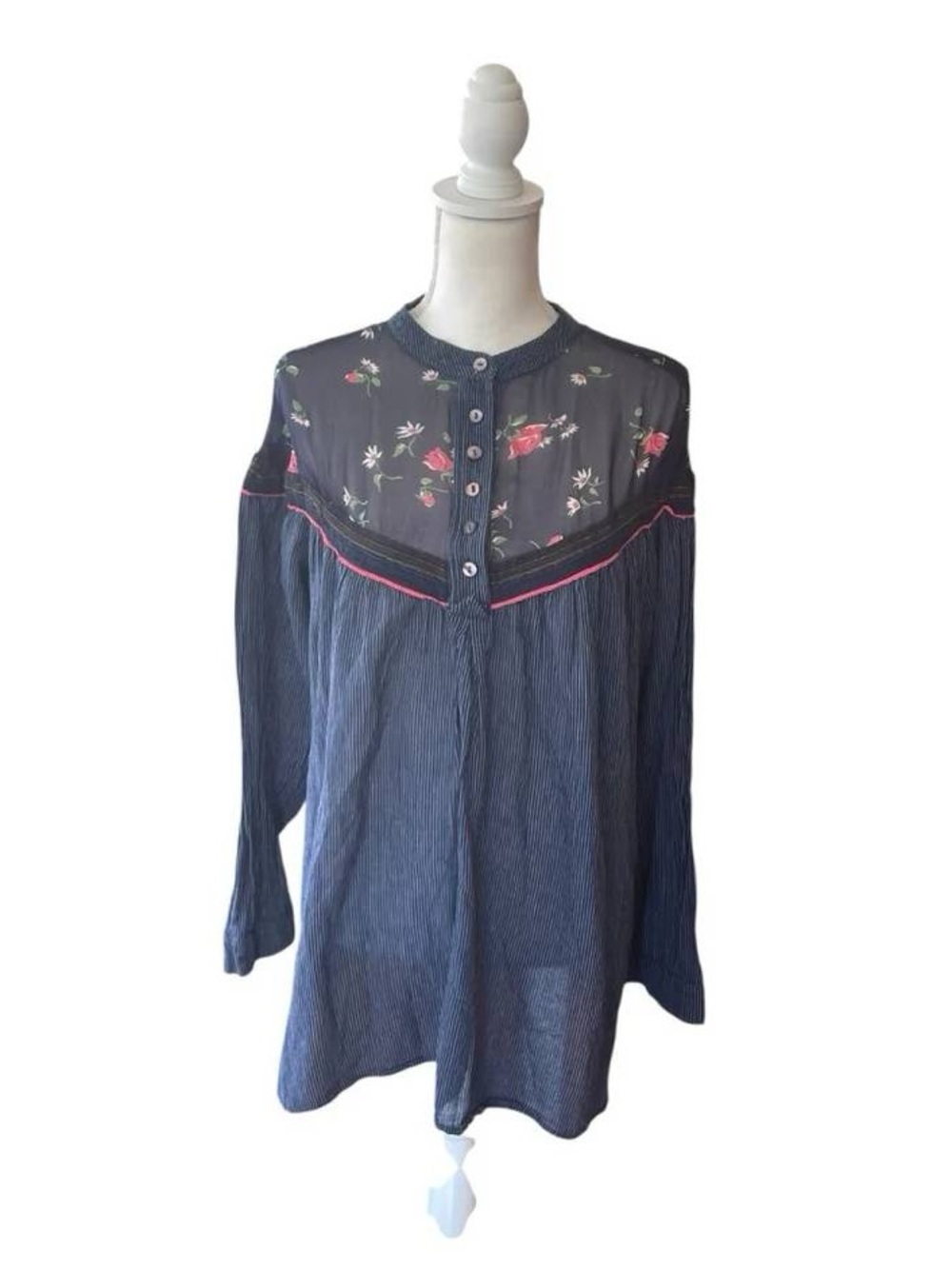 Sheer Yoke Navy Floral Long-Sleeve Women's Top
